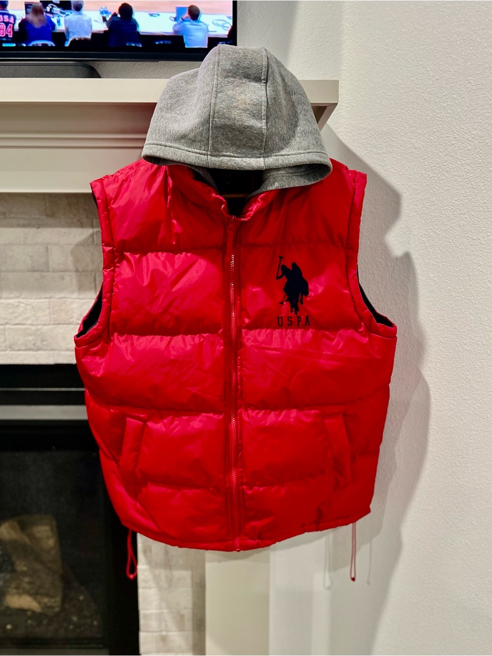 Vintage USPA Red Quilted Puffer Vest w/ Gray Hoodie Gilet Mens Size XL